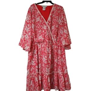A Calin By Flying Tomato Women's Red Floral Flutter Belted Surplice Dress SZ 1X